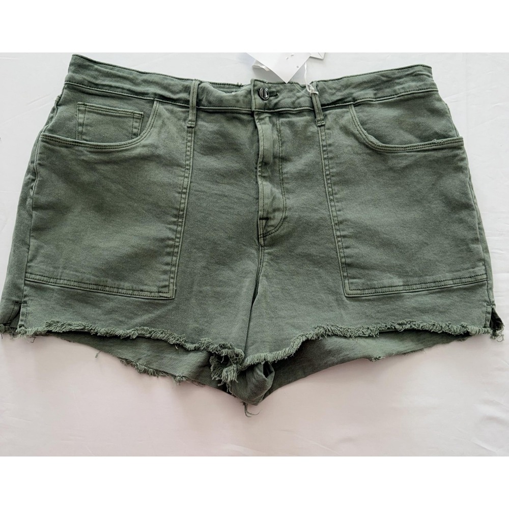 Good American Shorts Womens 20 Green Utility Denim Cutoff Raw Hem Fringe Casual
